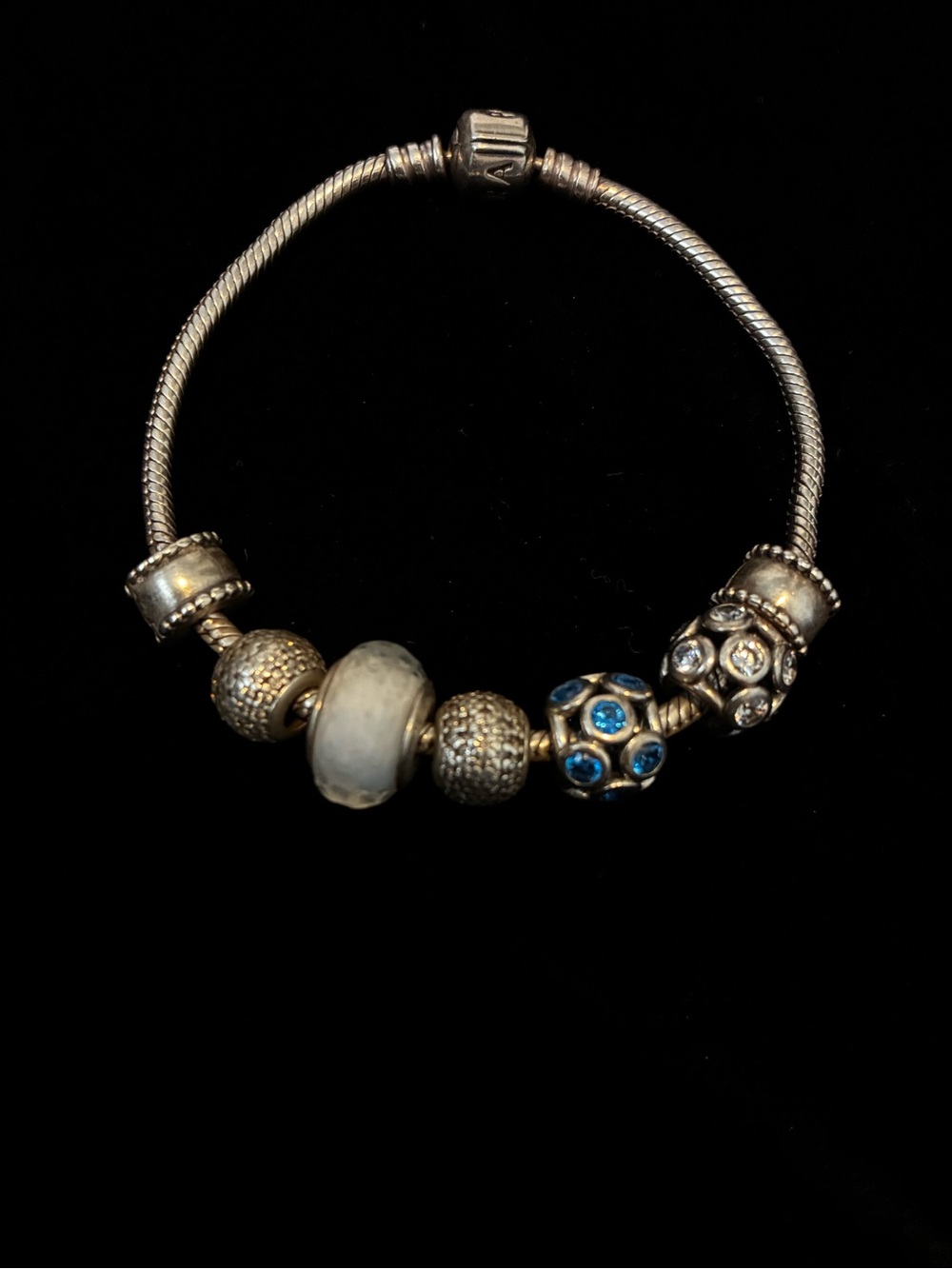 Pandora Sterling Barrel Clasp Snake Bracelet with 5 Silver Charms/2 Spacers